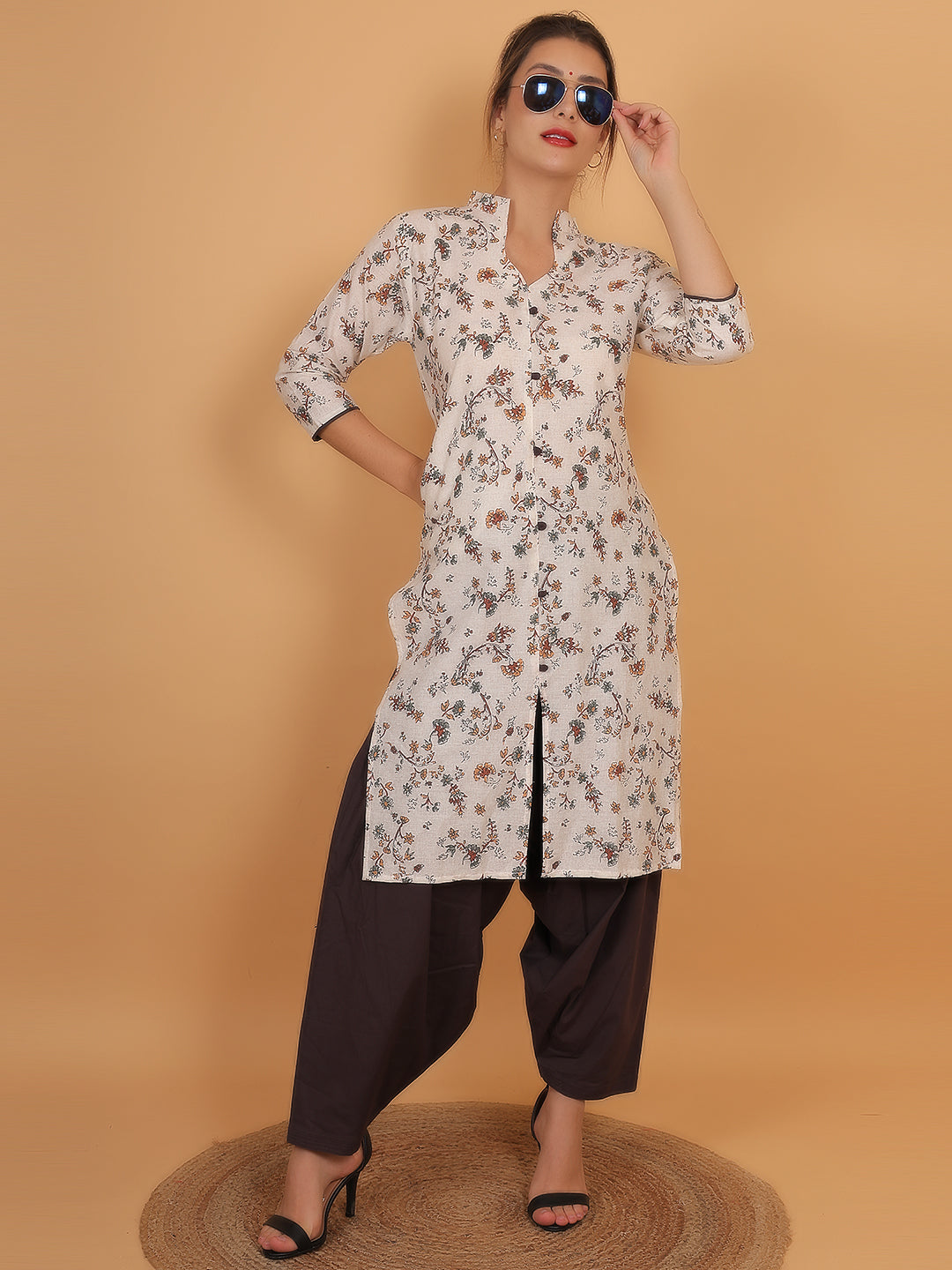 Women Brown Floral Printed Cotton Kurta with One Side Pocket