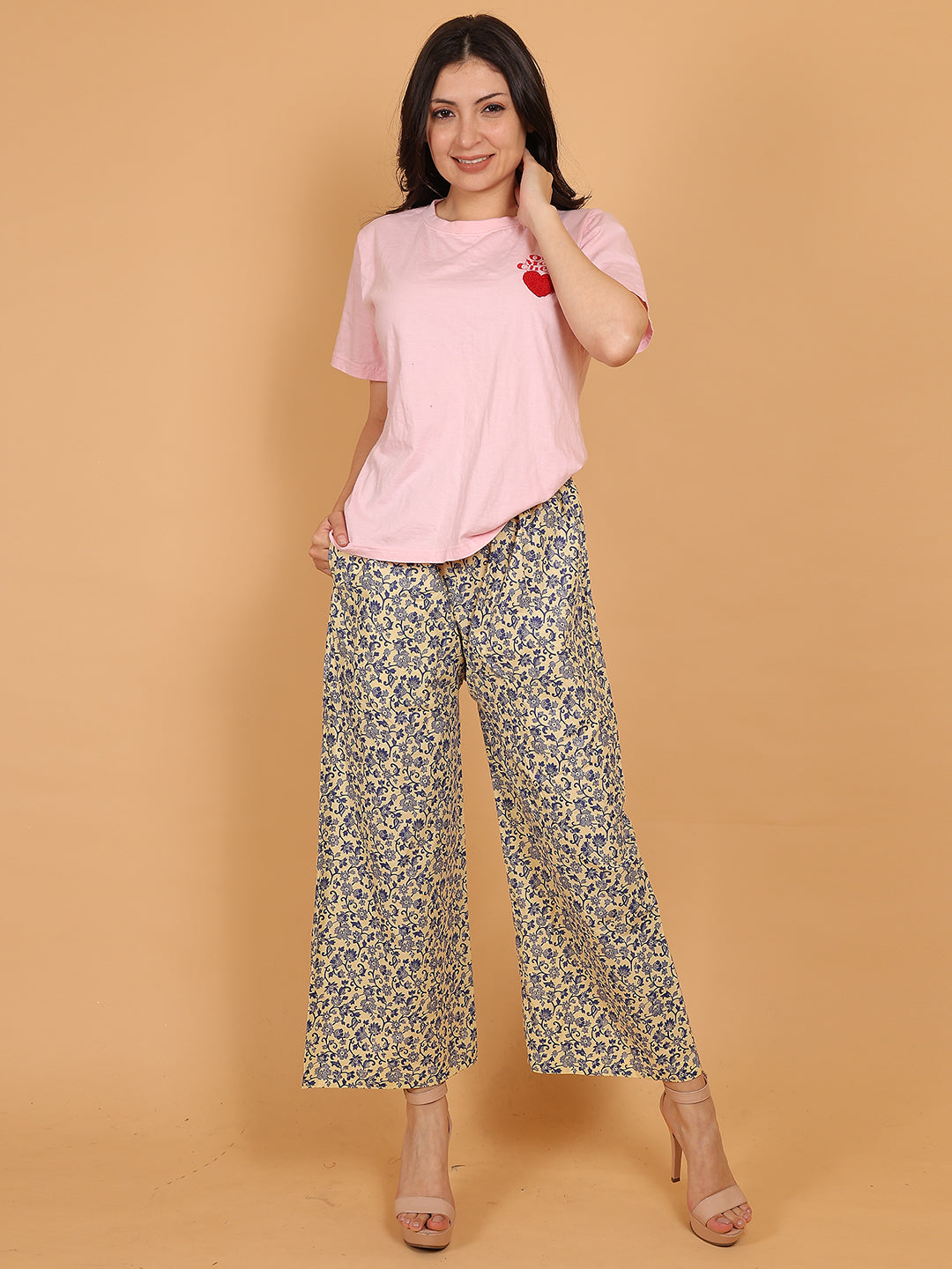 Women's Cream Blue Printed Cotton Palazzo Pants with Pockets – Fits Size L(S to L) and Fits Size XXL (XL to 3XL)