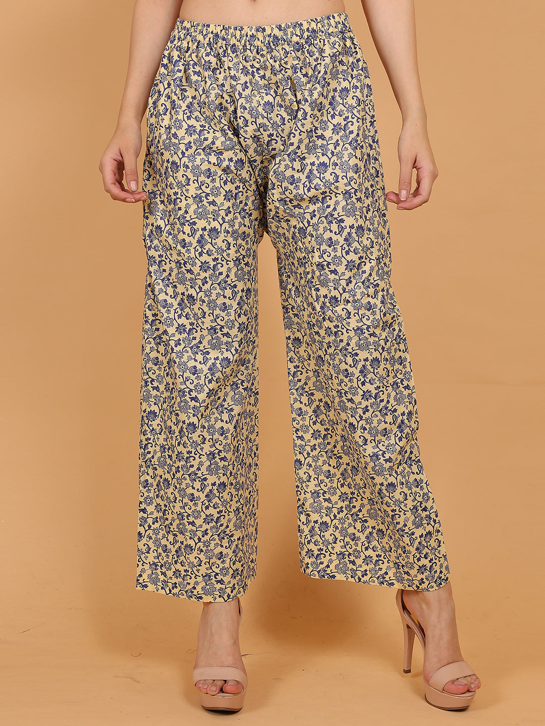 Women's Cream Blue Printed Cotton Palazzo Pants with Pockets – Fits Size L(S to L) and Fits Size XXL (XL to 3XL)