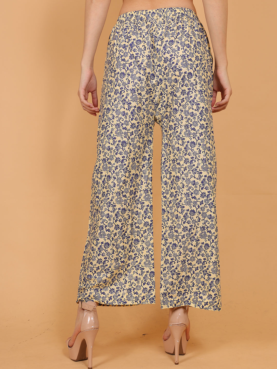 Women's Cream Blue Printed Cotton Palazzo Pants with Pockets – Fits Size L(S to L) and Fits Size XXL (XL to 3XL)