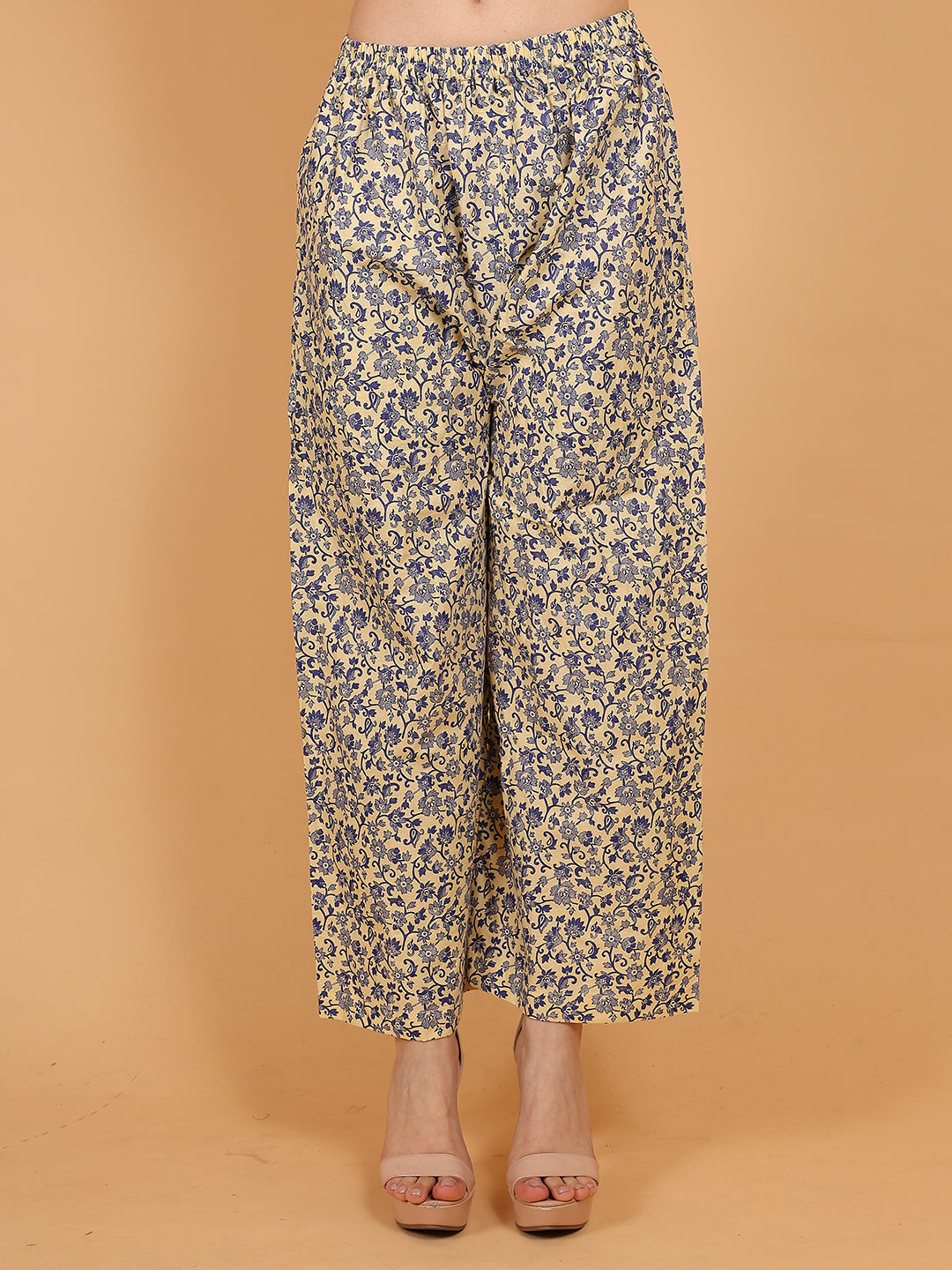 Women's Cream Blue Printed Cotton Palazzo Pants with Pockets – Fits Size L(S to L) and Fits Size XXL (XL to 3XL)