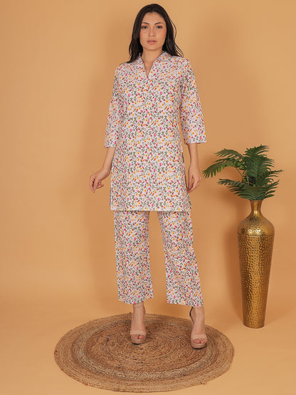 Trendzmy Women White Floral Printed Cotton Coord Set with 3/4 Sleeves