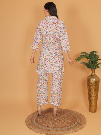 Trendzmy Women White Floral Printed Cotton Coord Set with 3/4 Sleeves