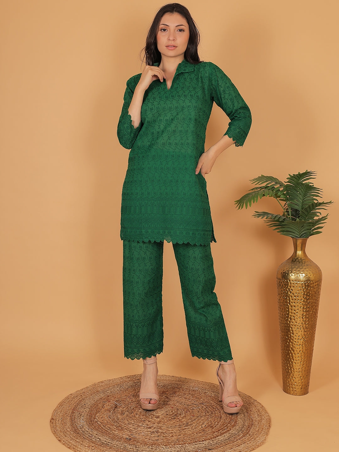 Dark Green Ethnic Chikan Embroidery Cotton Coord Set