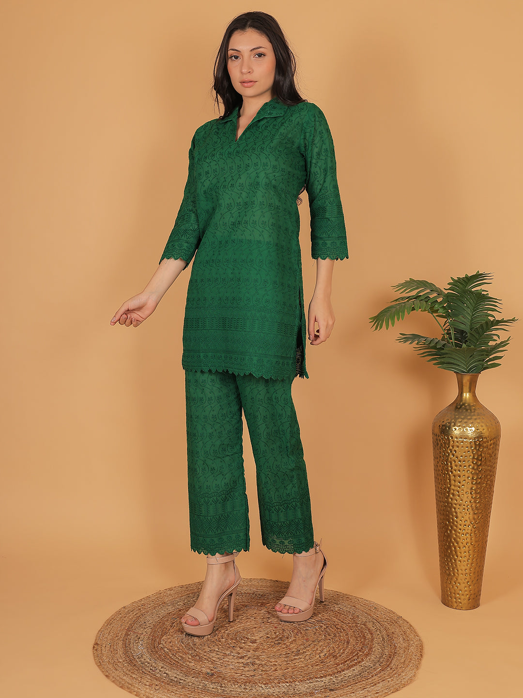 Dark Green Ethnic Chikan Embroidery Cotton Coord Set