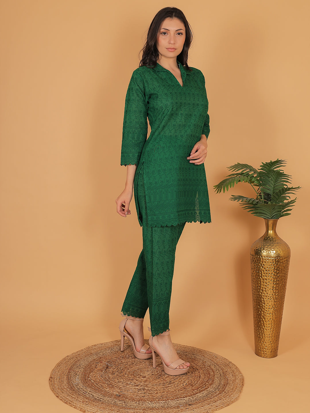 Dark Green Ethnic Chikan Embroidery Cotton Coord Set