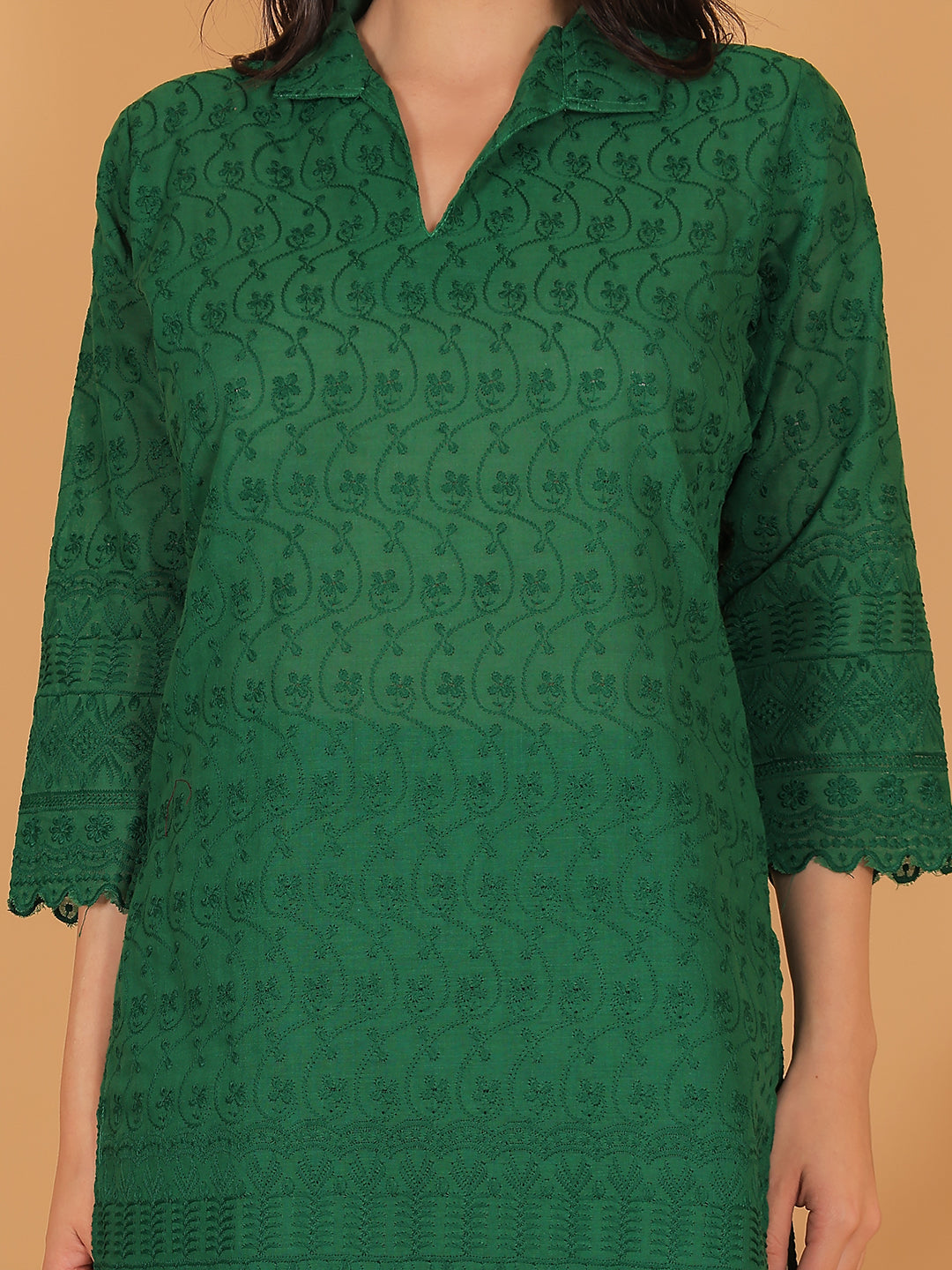 Dark Green Ethnic Chikan Embroidery Cotton Coord Set
