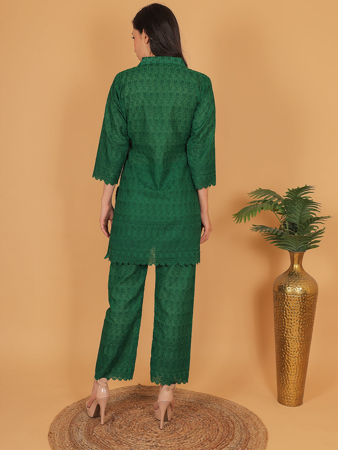 Dark Green Ethnic Chikan Embroidery Cotton Coord Set