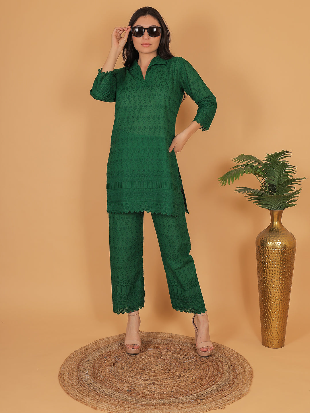 Dark Green Ethnic Chikan Embroidery Cotton Coord Set