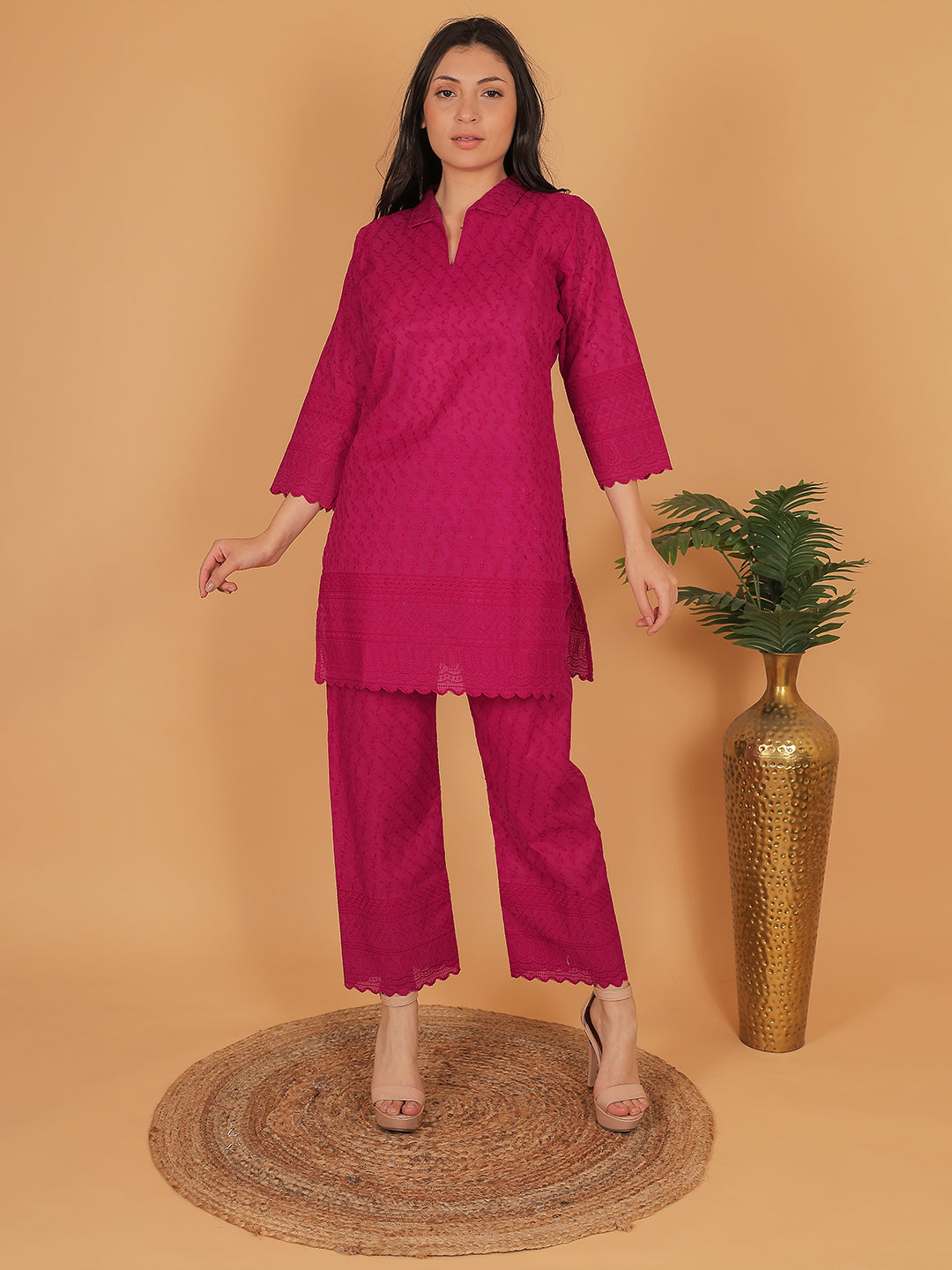 Rani Pink Ethnic Chikan Embroidery Cotton Coord Set