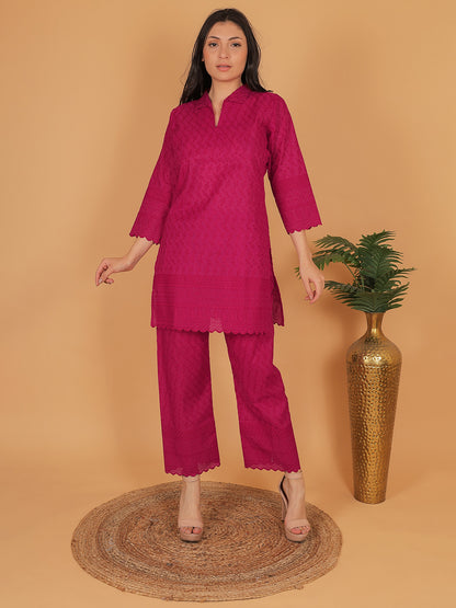 Trendzmy Rani Pink Ethnic Chikan Embroidery Cotton Coord Set