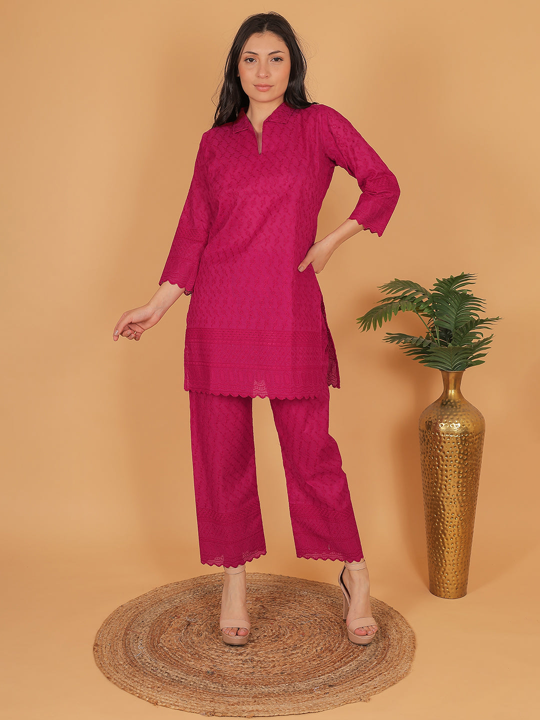 Trendzmy Rani Pink Ethnic Chikan Embroidery Cotton Coord Set