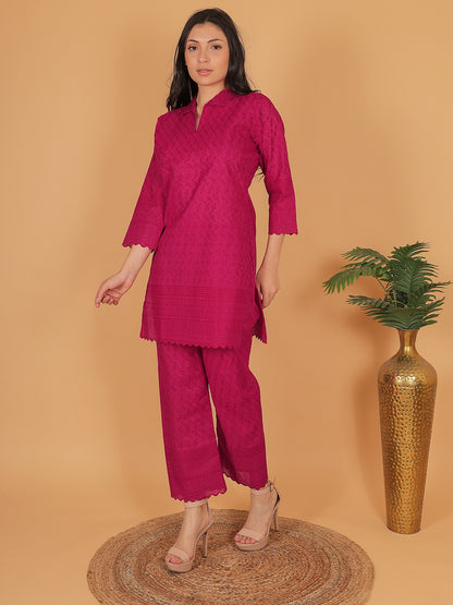Trendzmy Rani Pink Ethnic Chikan Embroidery Cotton Coord Set