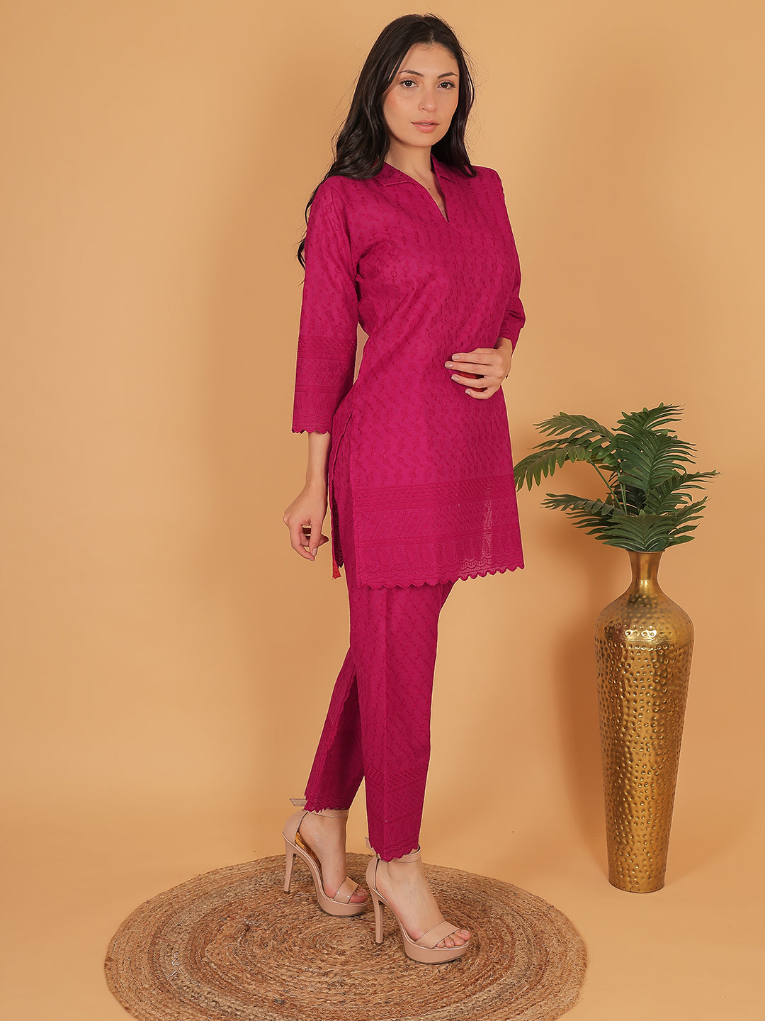 Rani Pink Ethnic Chikan Embroidery Cotton Coord Set