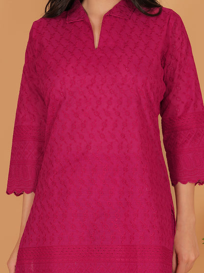 Trendzmy Rani Pink Ethnic Chikan Embroidery Cotton Coord Set