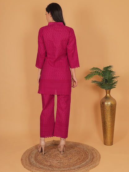 Trendzmy Rani Pink Ethnic Chikan Embroidery Cotton Coord Set