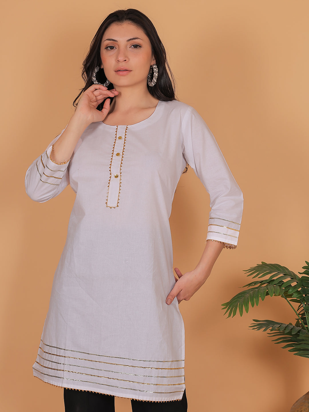 Women White Cotton Straight Kurti with Golden Detailing
