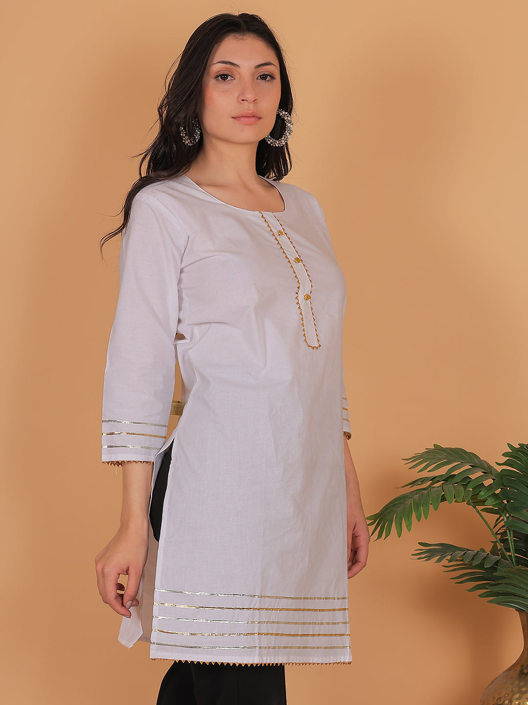 Women White Cotton Straight Kurti with Golden Detailing