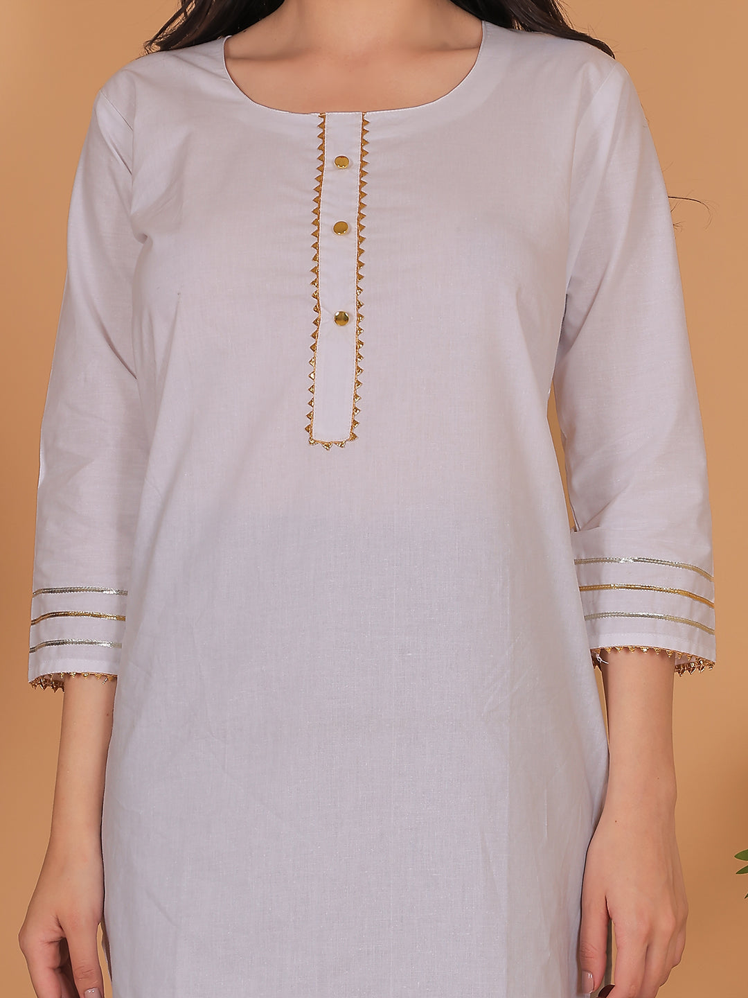 Women White Cotton Straight Kurti with Golden Detailing