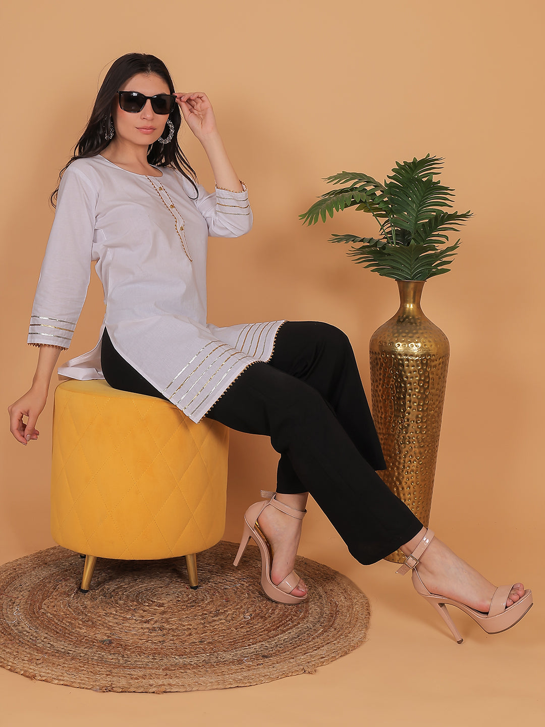 Women White Cotton Straight Kurti with Golden Detailing