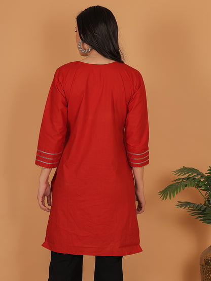 Trendzmy Women Elegant Red Cotton Kurti with Golden Detailing