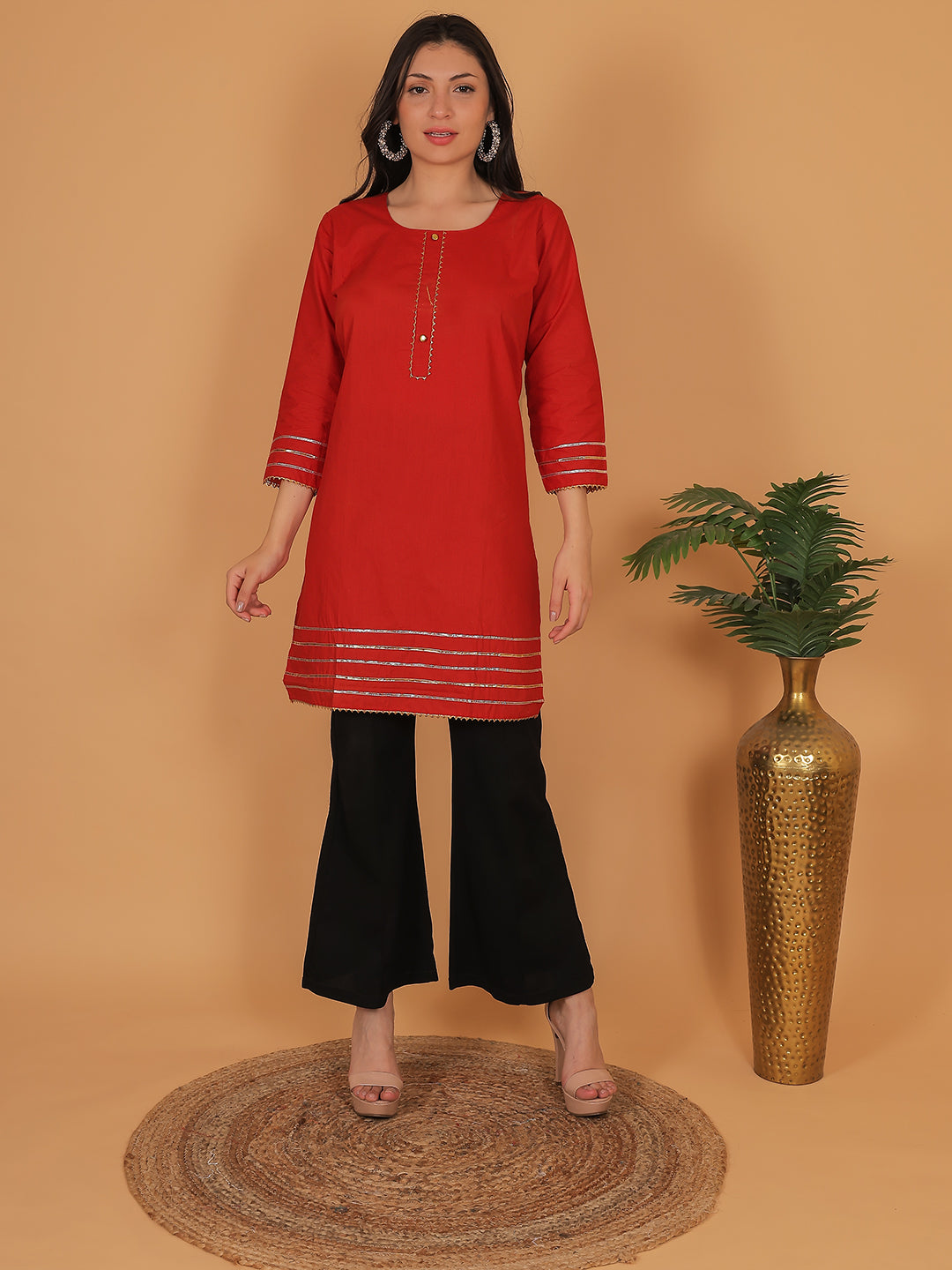 Trendzmy Women Elegant Red Cotton Kurti with Golden Detailing