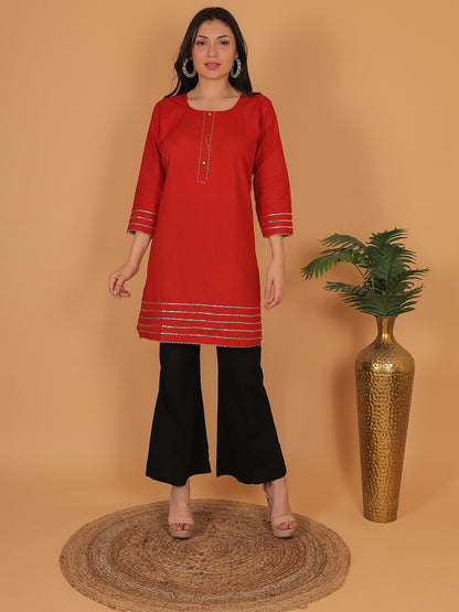 Trendzmy Women Elegant Red Cotton Kurti with Golden Detailing
