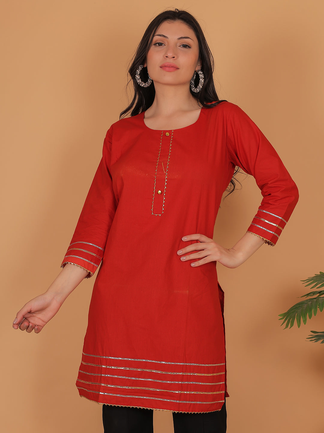 Women Elegant Red Cotton Kurti with Golden Detailing