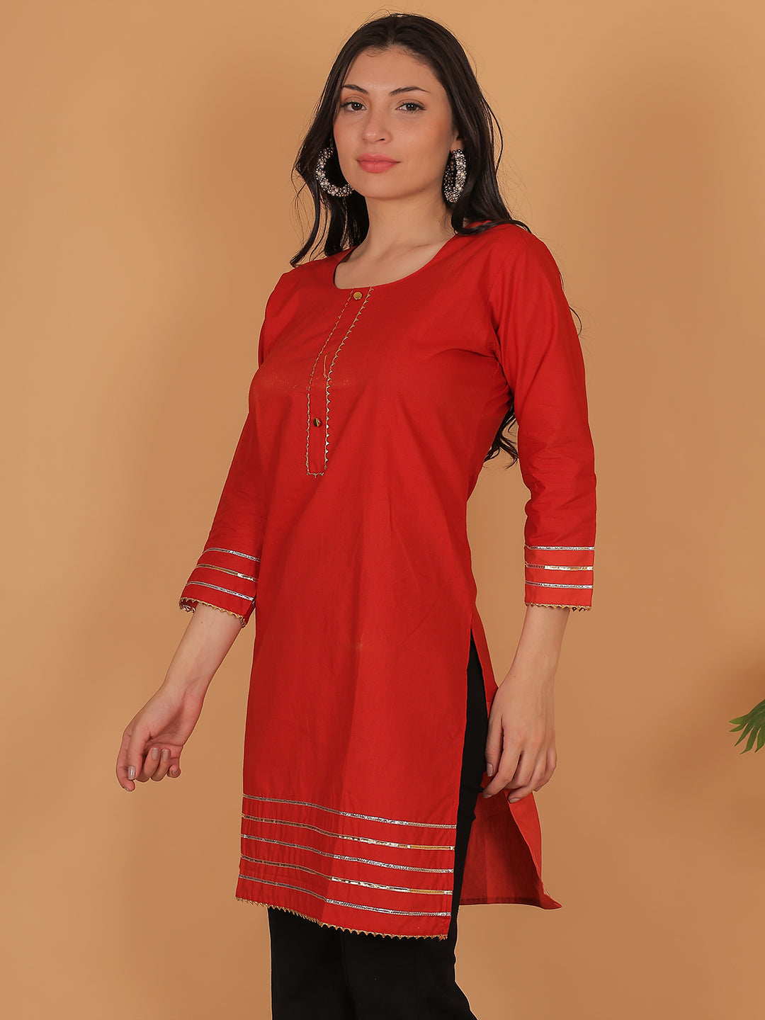 Trendzmy Women Elegant Red Cotton Kurti with Golden Detailing