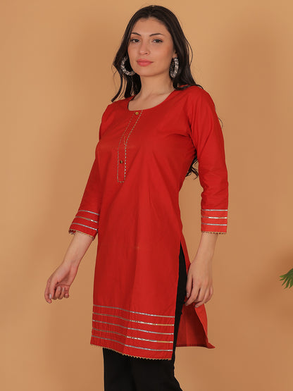 Trendzmy Women Elegant Red Cotton Kurti with Golden Detailing