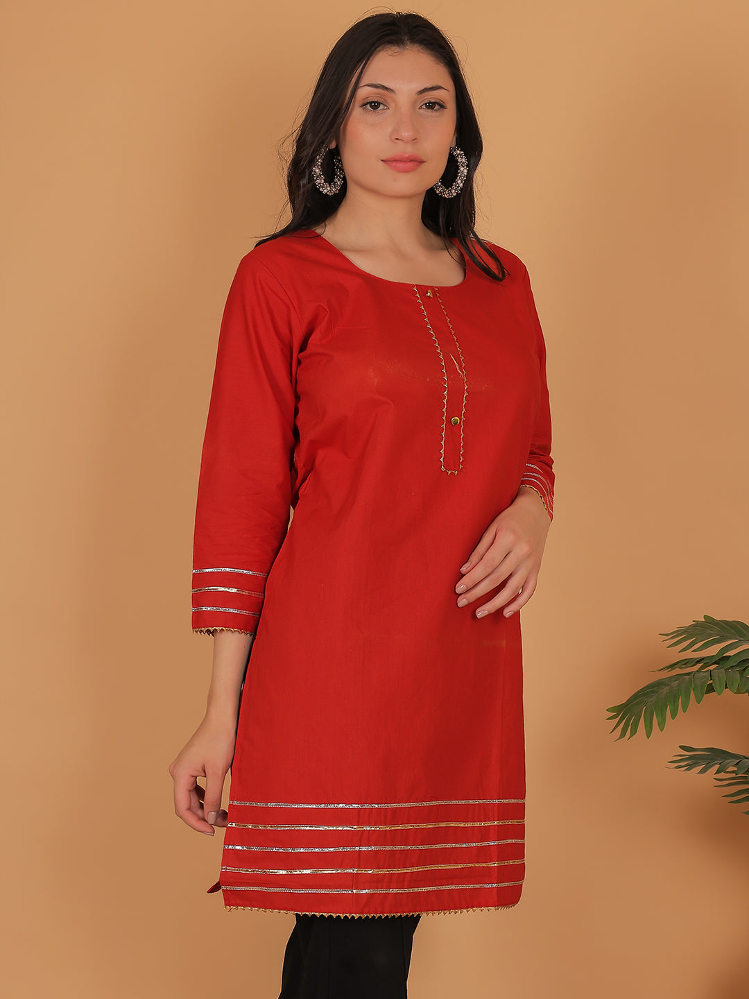 Trendzmy Women Elegant Red Cotton Kurti with Golden Detailing