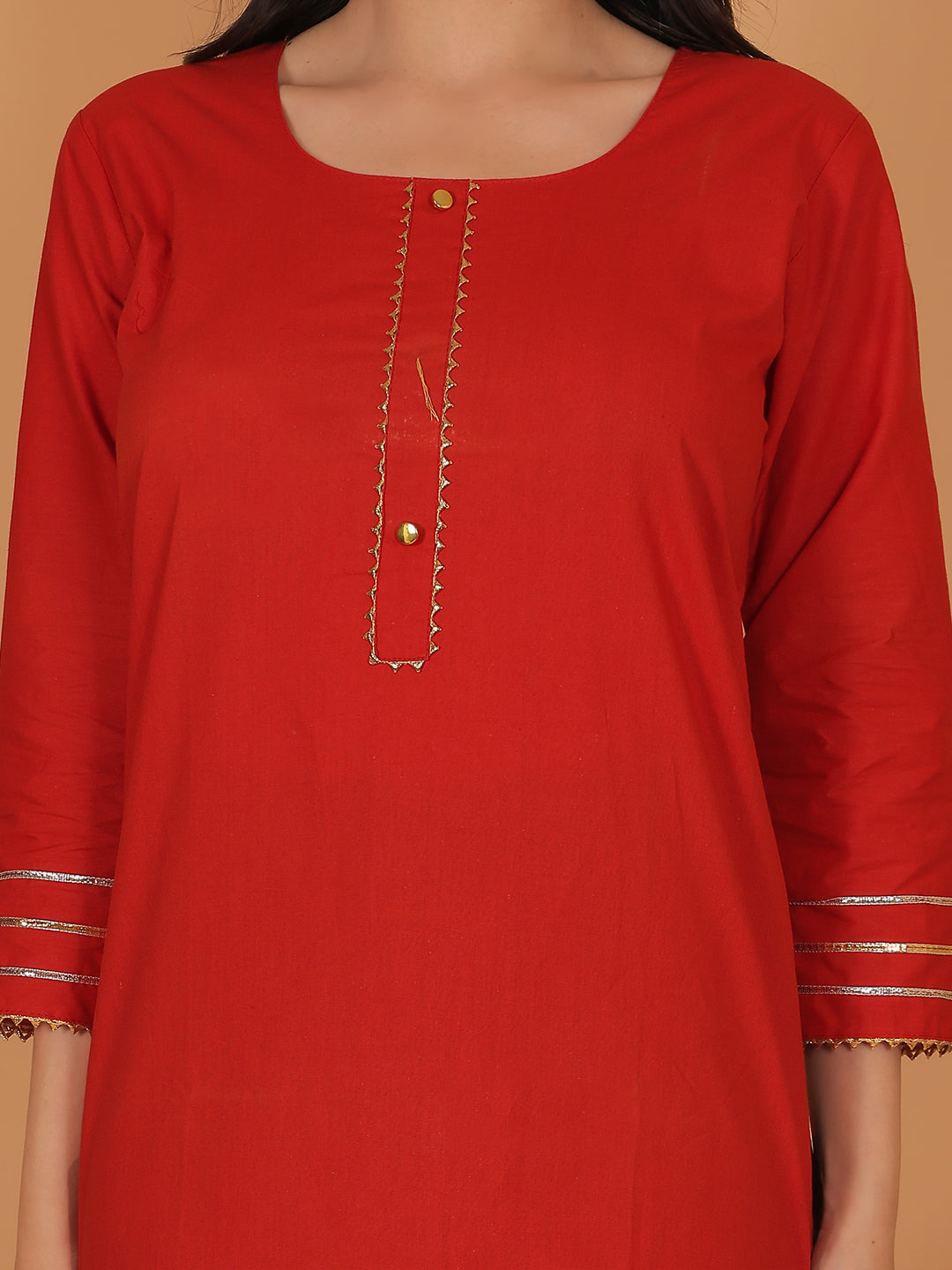 Trendzmy Women Elegant Red Cotton Kurti with Golden Detailing