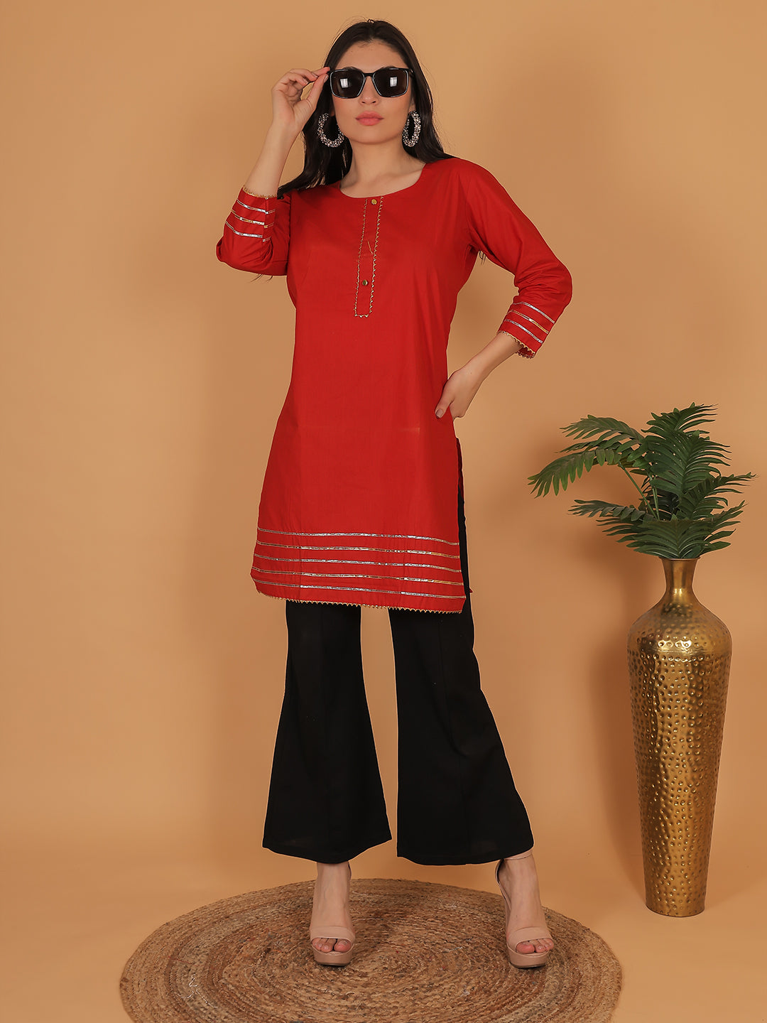Trendzmy Women Elegant Red Cotton Kurti with Golden Detailing