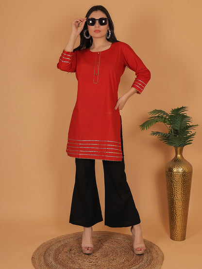 Trendzmy Women Elegant Red Cotton Kurti with Golden Detailing