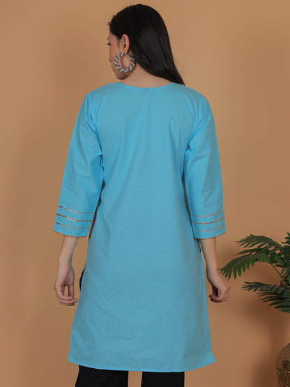 Trendzmy Women Blue Cotton Straight Kurti with Golden Detailing