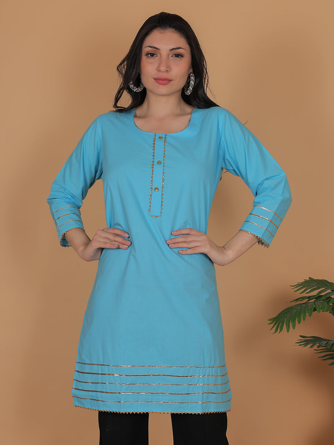 Women Blue Cotton Straight Kurti with Golden Detailing