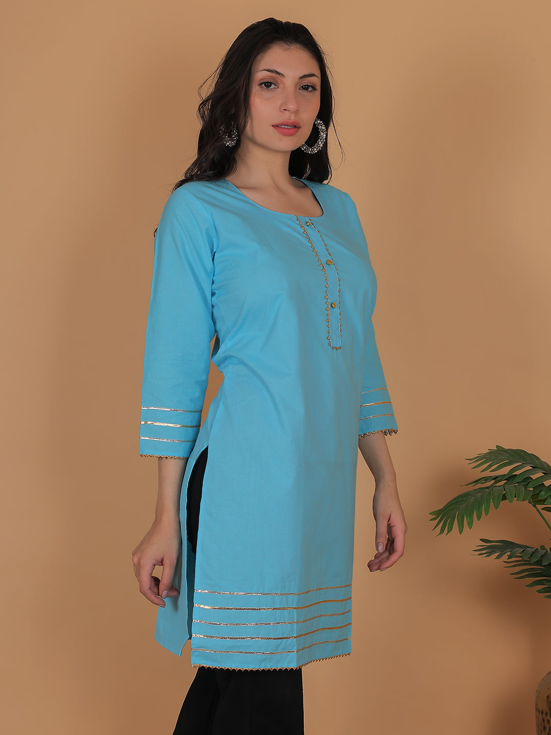 Women Blue Cotton Straight Kurti with Golden Detailing