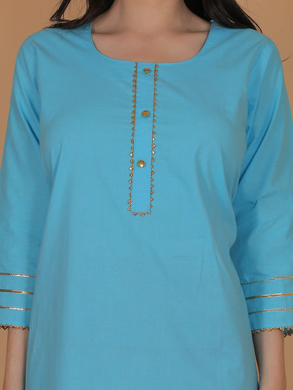 Trendzmy Women Blue Cotton Straight Kurti with Golden Detailing