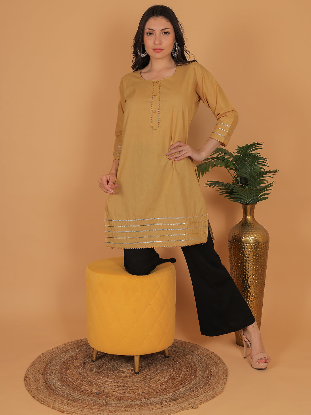 Trendzmy Women Elegant Beige Cotton Kurti with Golden Detailing