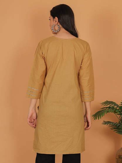 Trendzmy Women Elegant Beige Cotton Kurti with Golden Detailing