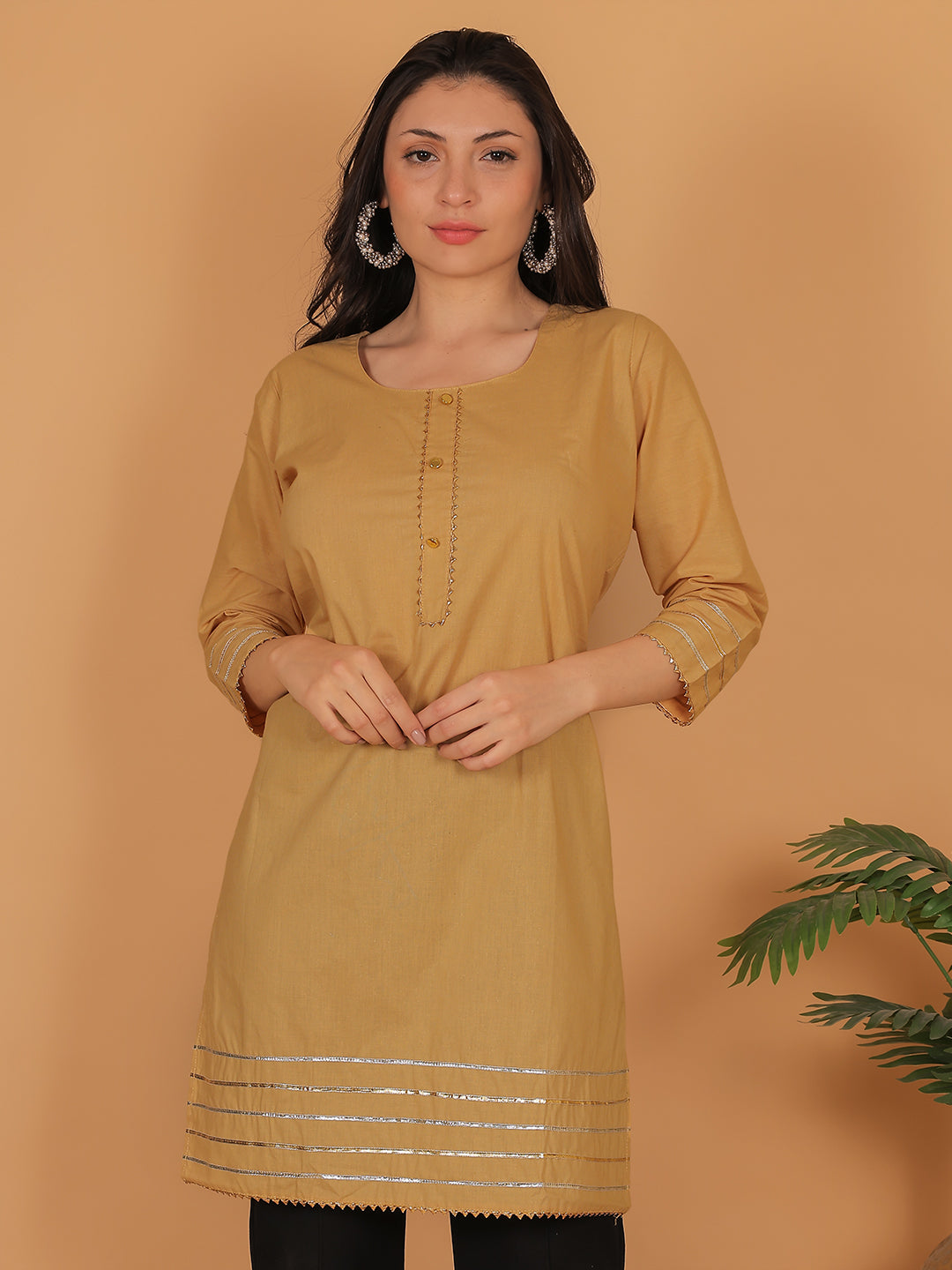Trendzmy Women Elegant Beige Cotton Kurti with Golden Detailing