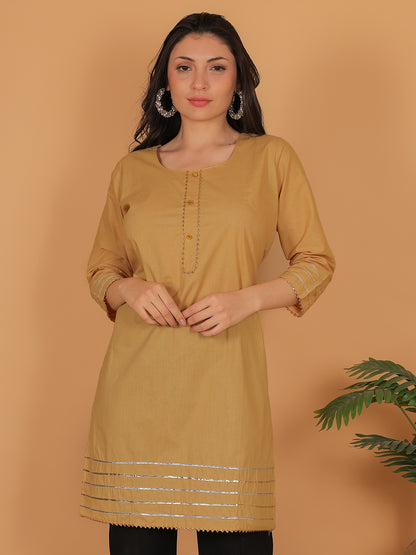 Trendzmy Women Elegant Beige Cotton Kurti with Golden Detailing