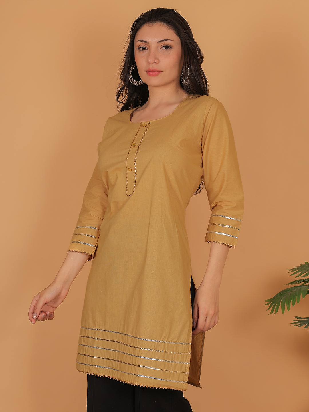 Trendzmy Women Elegant Beige Cotton Kurti with Golden Detailing
