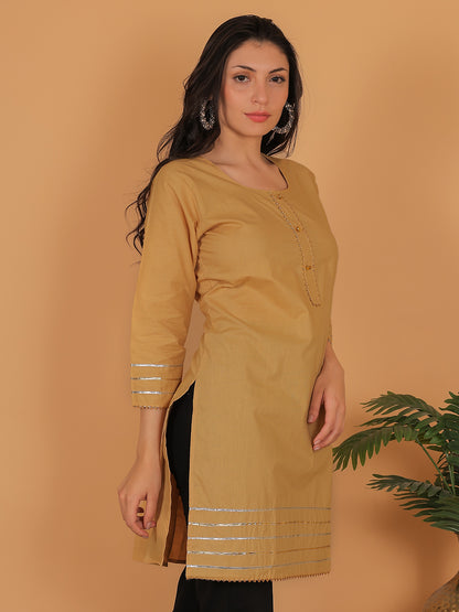 Trendzmy Women Elegant Beige Cotton Kurti with Golden Detailing