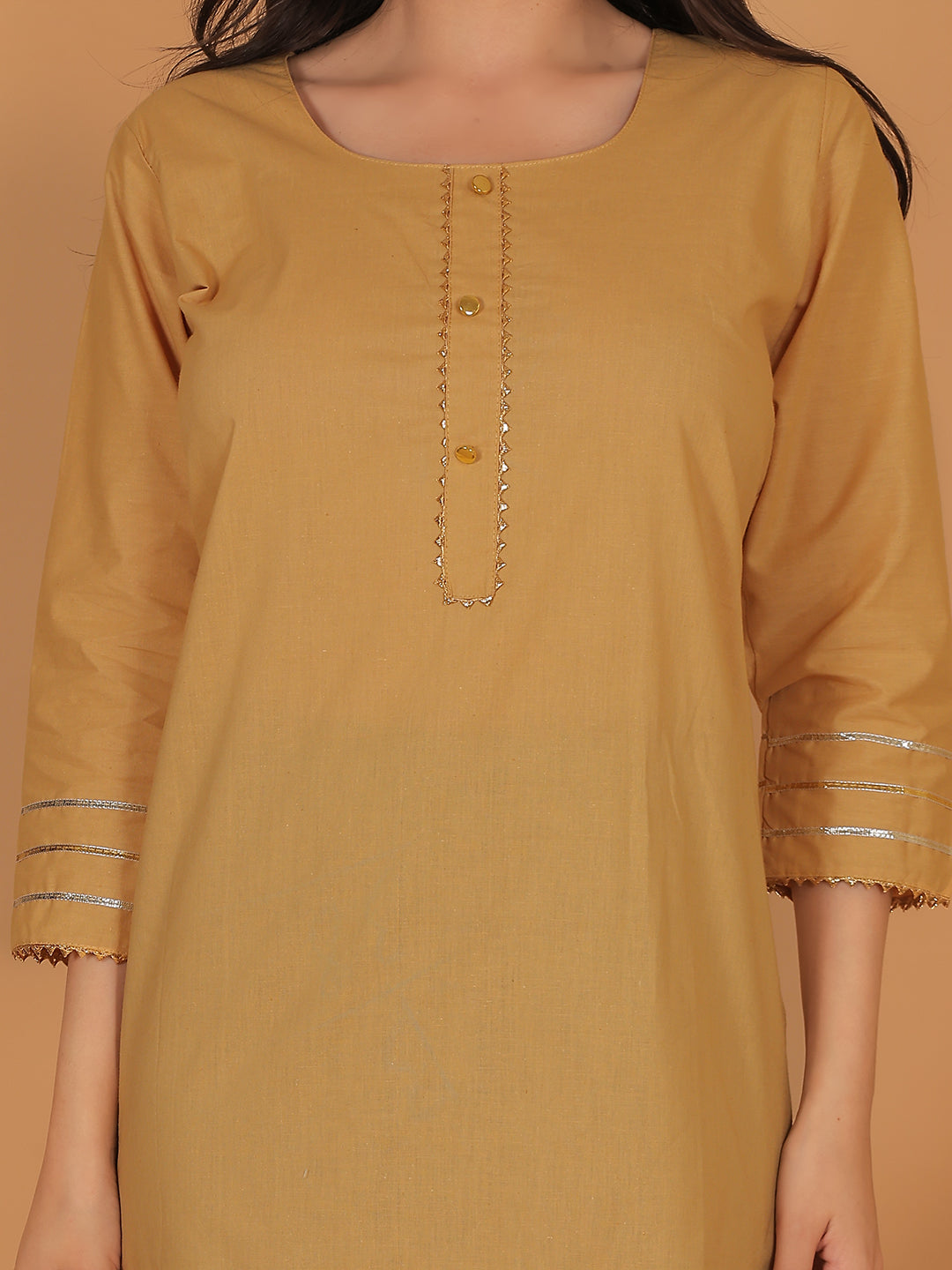 Trendzmy Women Elegant Beige Cotton Kurti with Golden Detailing