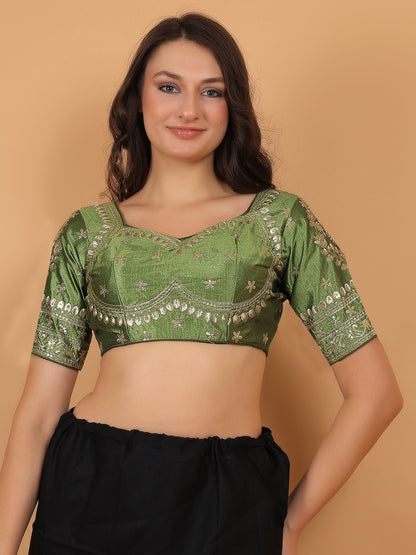 Trendzmy Embroidered Choli Cut Mehandi Green Cotton Silk Half Sleeve Blouse