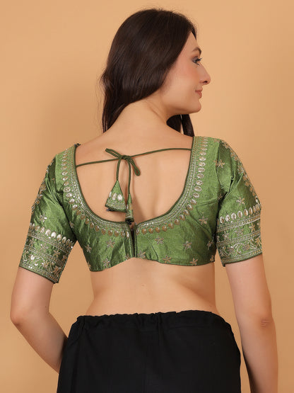 Trendzmy Embroidered Choli Cut Mehandi Green Cotton Silk Half Sleeve Blouse