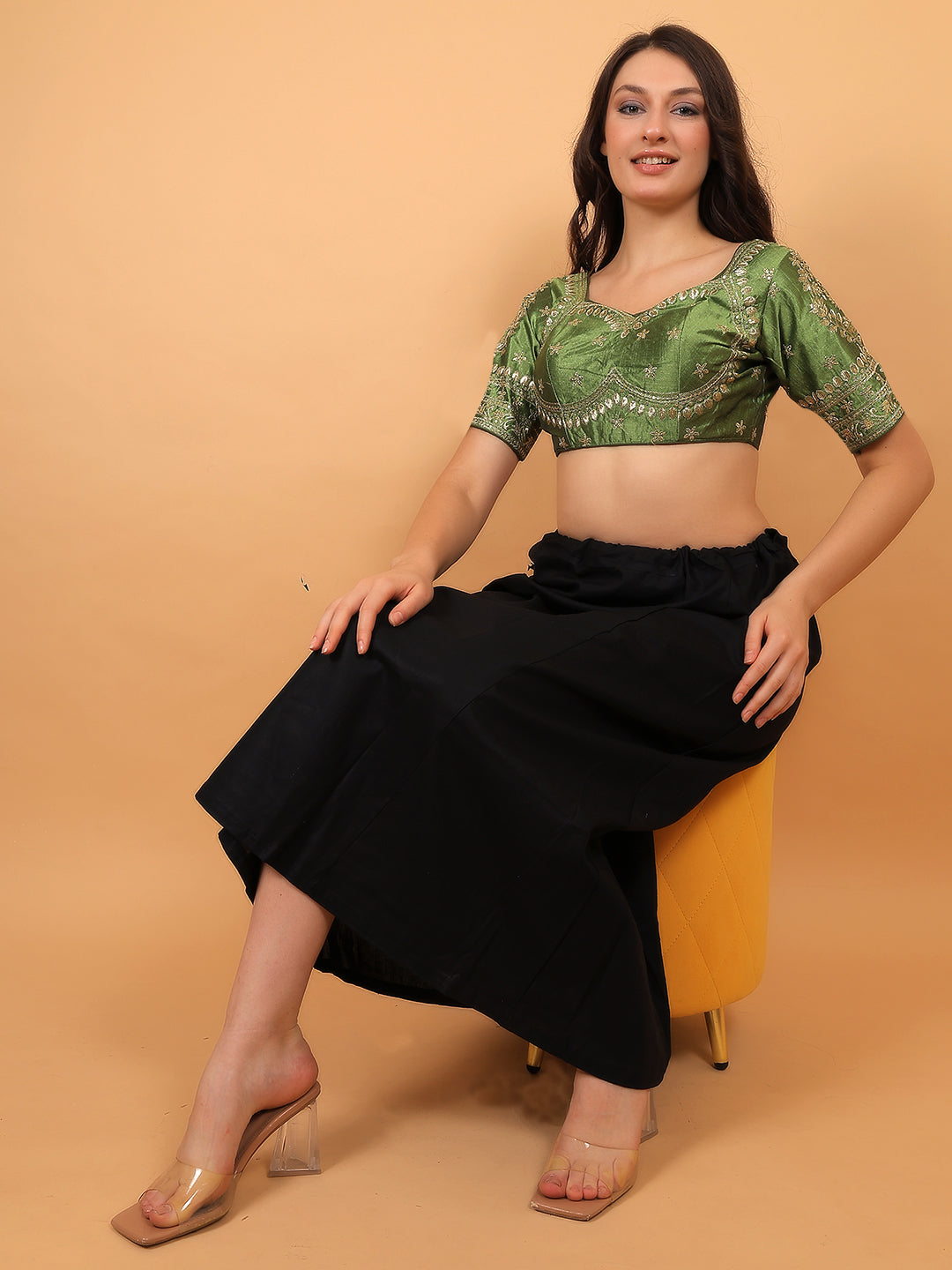 Trendzmy Embroidered Choli Cut Mehandi Green Cotton Silk Half Sleeve Blouse