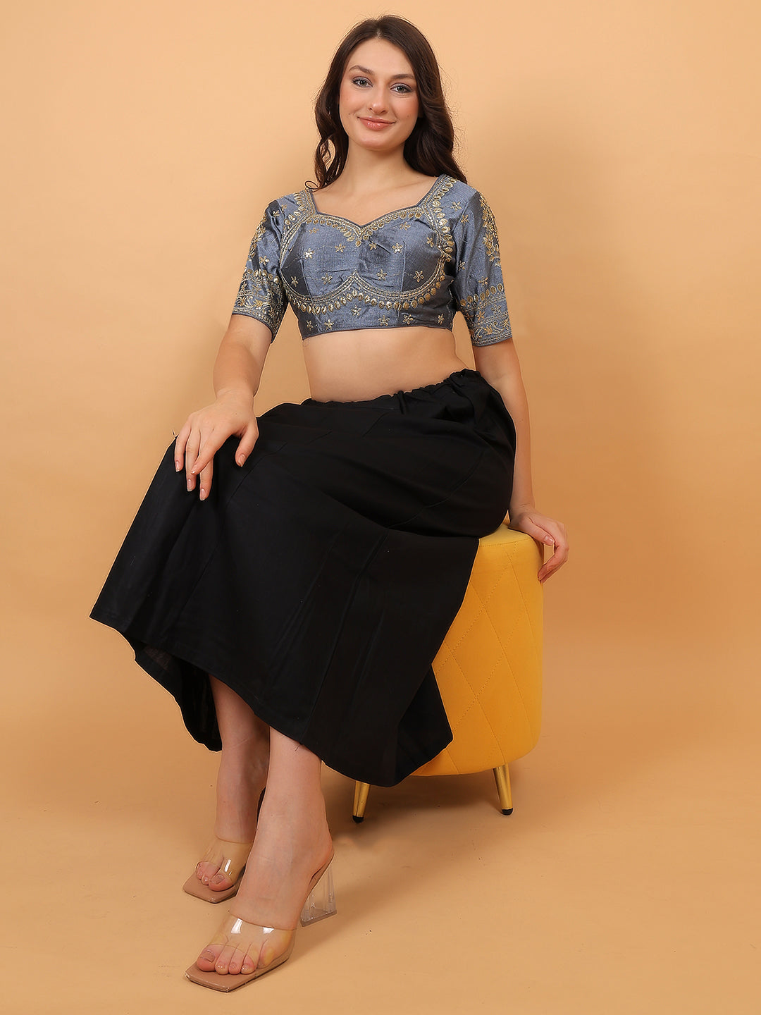 Trendzmy Embroidered Choli Cut Grey Cotton Silk Half Sleeve Blouse