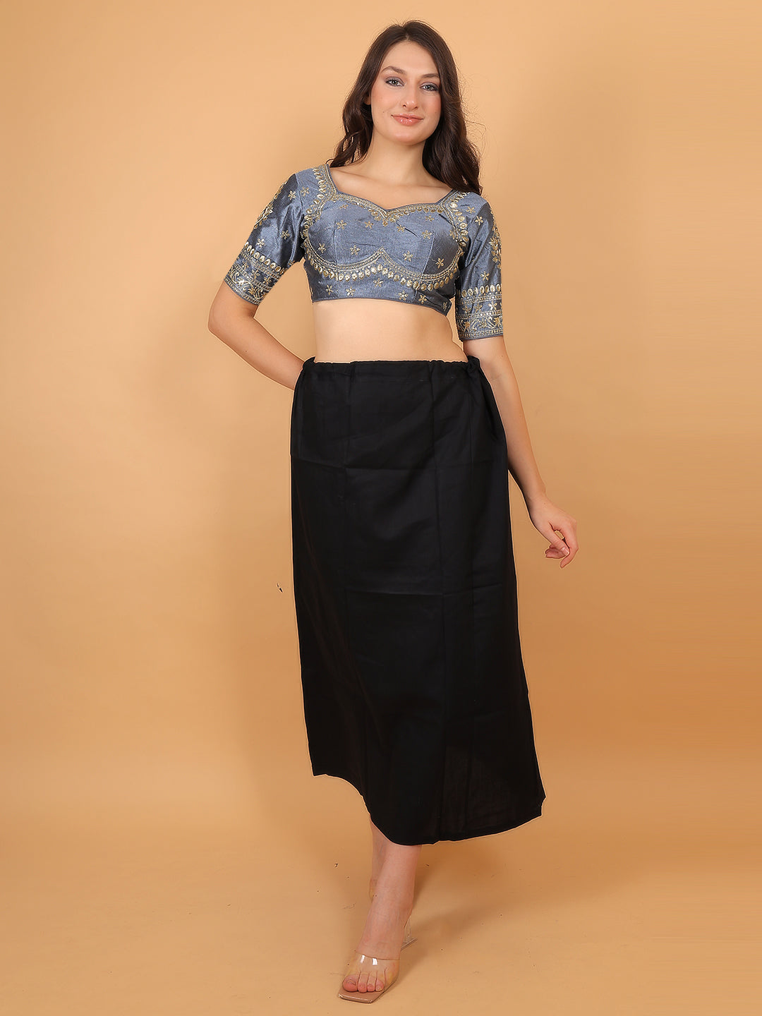 Trendzmy Embroidered Choli Cut Grey Cotton Silk Half Sleeve Blouse